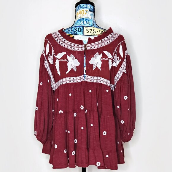 FREE PEOPLE Edie Floral Beaded Boho Top Tee Embroidered Sweet Raisin Combo Sz M - Picture 4 of 16